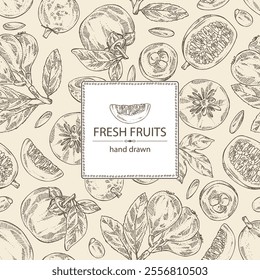 Background with fruits: passion fruit, persimmon, medlar japanese and longan. Vector hand drawn illustration.