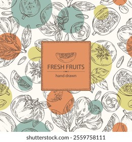 Background with fruits: passion fruit, persimmon, medlar japanese and longan. Vector hand drawn illustration.