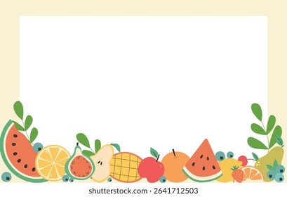 Background with fruits and white rectangular space for text. Apple, pear, watermelon, mango, lemon, pomegranate, orange, banana, orange slices, grapes, cherry. Flat illustration
