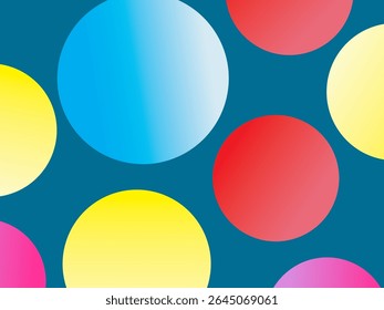 The background is full of bright colorful circles in various sizes and color gradients, creating a dynamic abstract pattern.