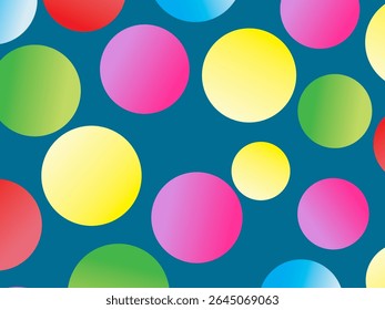 The background is full of bright colorful circles in various sizes and color gradients, creating a dynamic abstract pattern.