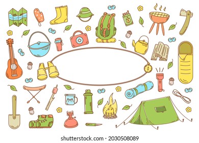 Background full of elements for camping and hiking, adventure camps - tent, bonfire, map, binoculars, backpack, lantern. Perfect for scrapbooking, crafts, posters, labels, sticker packs. Vector .