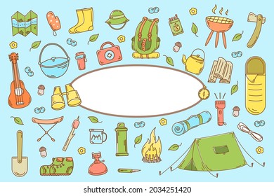 Background full of elements for camping and hiking, adventure camps - tent, bonfire, map, binoculars, backpack, lantern. Perfect for scrapbooking, crafts, posters, labels, sticker packs. Vector .
