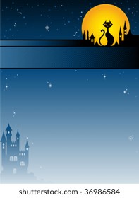 Background with full moon, various stars, black cat and night castle.