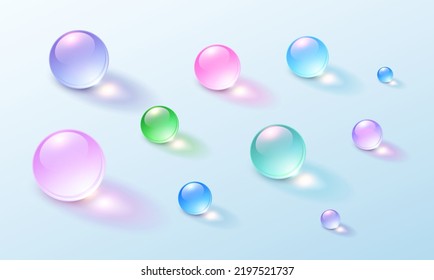Hintergrund mit mehrfarbigen 3D-Glasbälle, abstrakter glänzender und glänzender Vektorhintergrund.