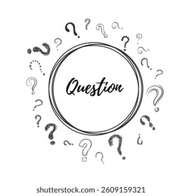 Background full of question in pattern style for child content. Line creates design based on vector art with texture and illustration. Children in black graphic silhouette bring sketch doodle ornament