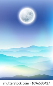 Background with fullmoon and mountains in the fog
