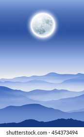 Background with fullmoon and mountains in the fog. EPS10 vector.