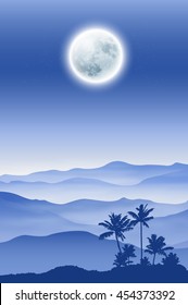 Background with fullmoon, palm tree and mountains in the fog. EPS10 vector.