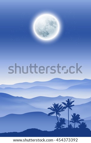 Background with fullmoon, palm tree and mountains in the fog. EPS10 vector.