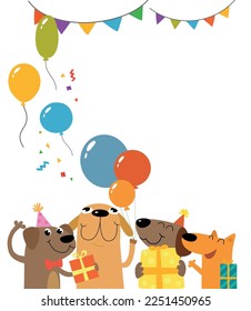 Background with funny cartoon dogs for birthday card or party invitation. Vector illustration