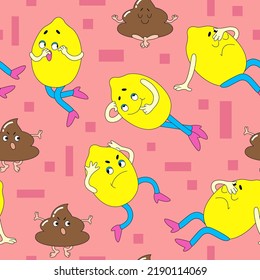 Hintergrund mit lustigen Charakteren. Helles, nahtloses Vektormuster mit Zitrone, kawaii Poop in einem trendigen Retro-Cartoon-Stil.