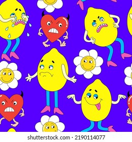 Background with funny characters. Bright seamless vector pattern with a heart, lemon, chamomile flower in a fashionable retro cartoon flat style.