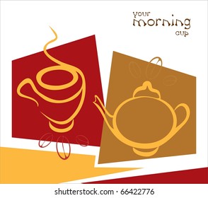 Background with funny cup and teapot easy to modify
