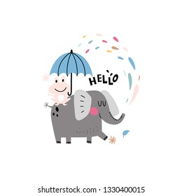 Background with a funny gray elephant and a frog with an umbrella and text - hello, isolated on white. Vector illustration for children.