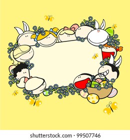 Background with funny kids, flowers, eggs and rabbit
