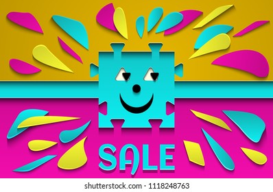 Background with funny little man, made in the style of paper cut . Discount