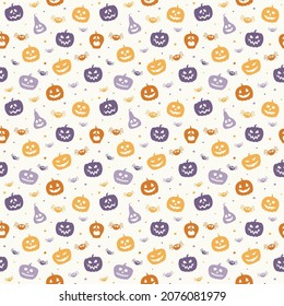 Background with funny pumpkin lanterns and spiders. Halloween seamless pattern. Vector