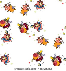Background with Funny wild animals for design or decorate for decor. decorative pattern with Charming piglets in suits and hats with cane.