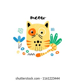 Background with a funny yellow cat and flowers and an inscription - meow in cartoon style. Vector illustration.