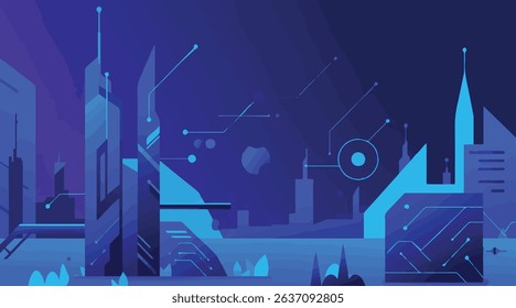 Background Futuristic Cityscape: Abstract Blue Cyberpunk Skyline with Digital Circuitry and Geometric Elements - Modern Technology Illustration