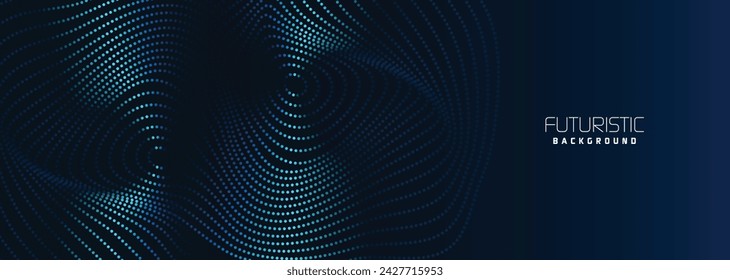 background in futuristic data technology. Halftone waves with dots. flowing dots on a dark blue backdrop. Particles of digital waves in abstraction. Background for an abstract halftone illustration