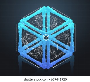 Background with futuristic virtual cube. Design concept with HUD user interface elements.