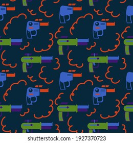 Background of Galactic Blasters. A bright game weapon for children's textiles. Toy blaster pattern for star games. Vector illustration