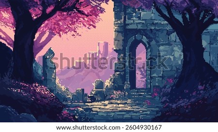 Background for game or cartoon in pixel art style with trees, sunset, sunrise, arch, ruins, bushes and nature. Pixel art retro game level, 8 bit 2d video game background

