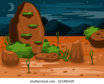 Background for game design.Cartoon vector Illustration with rock stones and mountains. Night landscape.