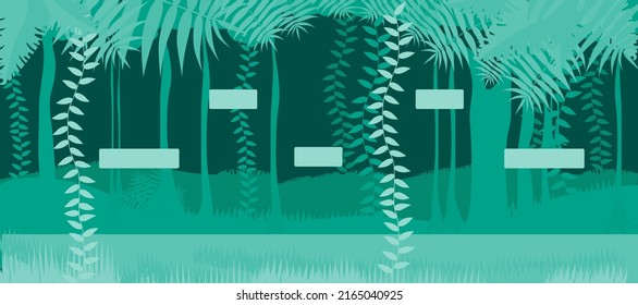 Antecedentes de caza con flores, árboles, arbustos, capullos, hojas sobre viñas. Vida silvestre, espacio abierto en diferentes aviones. Diseño de moda. Juegos de pc móviles.
