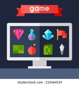 Background with game icons in flat design style.
