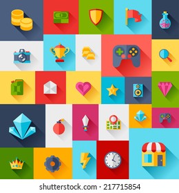 Background with game icons in flat design style.