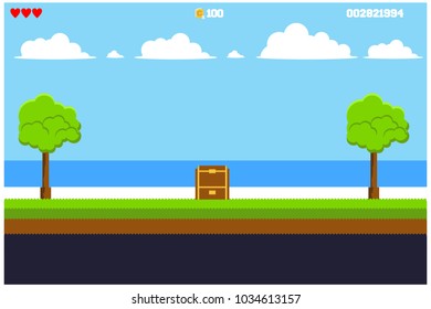 Background game of pixel art with land, grass, sky and clouds, vector illustration