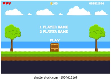 Background game of pixel art with land, grass, sky and clouds, vector illustration