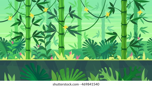 Background for games apps or mobile development. Cartoon nature landscape with jungle. Vector illustration for design graphics print or book . Stock illustration.