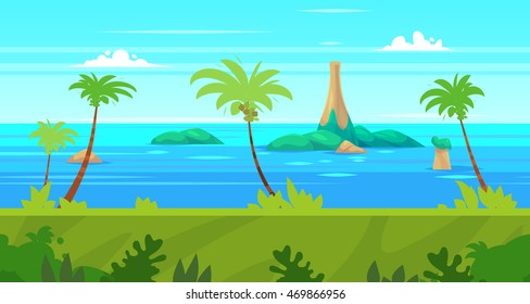 Background for games apps or mobile development. Cartoon nature landscape with sea or ocean and palms. Vector illustration for design graphics print or book . Stock illustration.