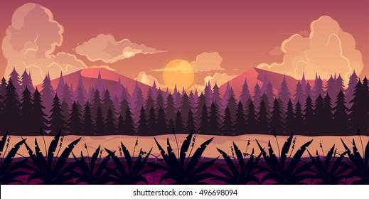 Background for games apps or mobile development. Cartoon nature landscape with forest. Vector illustration  design graphics print  book . Stock .