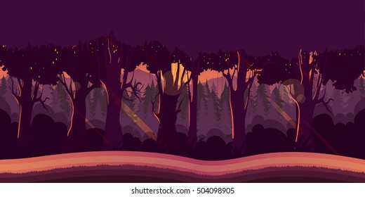 Background for games apps or mobile development. Cartoon nature landscape with forest. Vector illustration for design graphics print or book . Stock illustration.