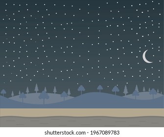 Background for games apps or mobile development.Cartoon nature landscape. Night forest with month