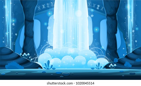  
Background For Games And Mobile Applications. Cartoon Night Cave With A Big Waterfall Seamless Landscape, Vector Background With Separated Layers. 