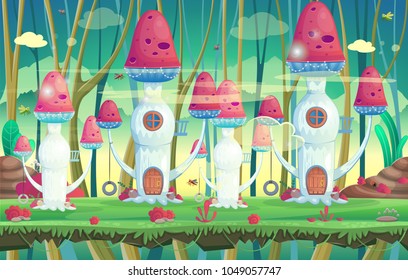 Background for games and mobile applications. Forest with mushroom houses. Vector illustration.