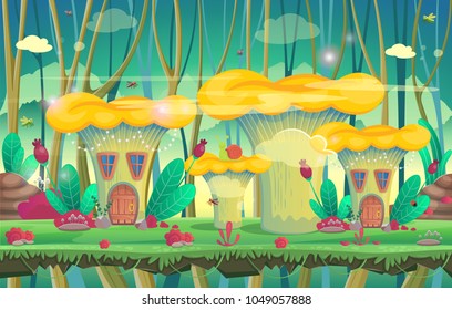 Background for games and mobile applications. Forest with mushroom houses. Vector illustration.