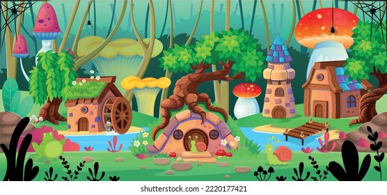 Background for games and mobile applications.  Landscape with houses of hobbits and gnomes a river. Fantasy   tower and a house with a water wheel on the island. Vector cartoon landscape.
 svg