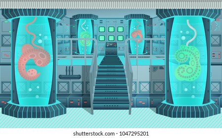 Background for games and mobile applications spaceship. Spaceship interior, laboratory. Cartoon vector illustration.