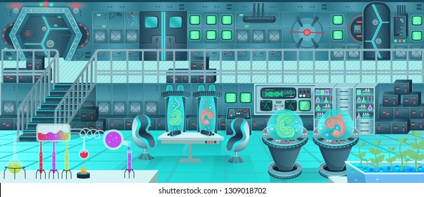 Background for games and mobile applications spaceship. Spaceship interior, laboratory. Cartoon vector illustration.