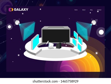 Background for games and mobile applications spaceship. Spaceship interior, cockpit view inside. Cartoon vector illustration.