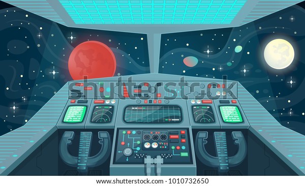 ゲームやモバイルアプリケーションの宇宙船の背景 宇宙船内部 コックピットビュー内 カートーンのベクターイラスト のベクター画像素材 ロイヤリティフリー