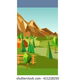 background for games, nature vector illustration, mountains, trees, field, house, polygonal style