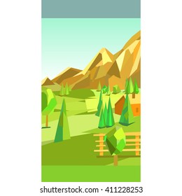 background for games, nature vector illustration, mountains, trees, field, house, polygonal style